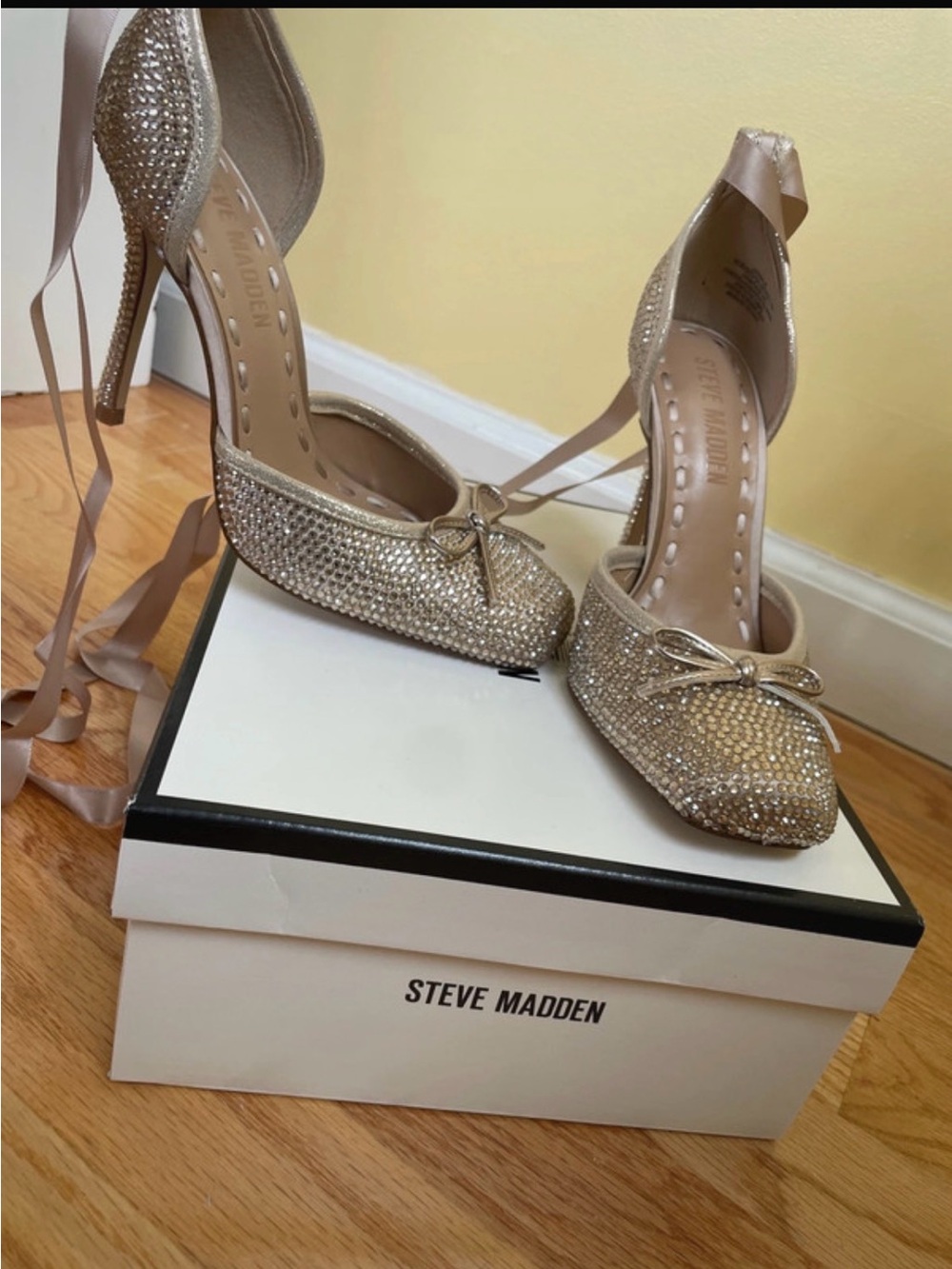 Steve Madden Rhinestone Champagne Heels with Ankle Ribbons